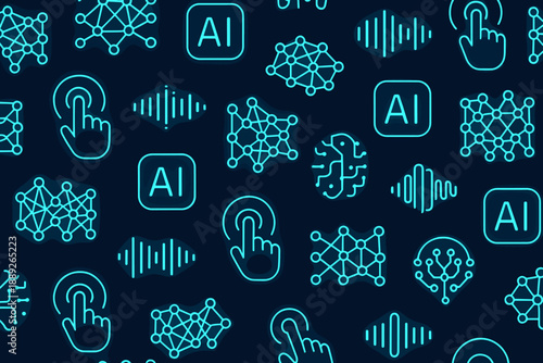 Digital patterns show symbols related to artificial intelligence and data analysis on a dark background