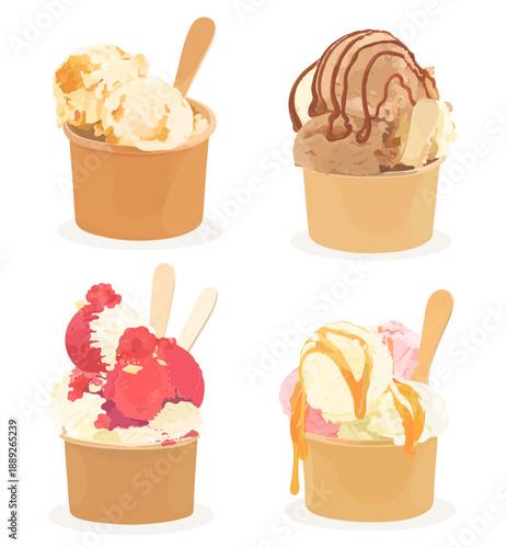 Set of cartoon sweet caramel, chocolate, strawberry and vanilla ice cream balls in paper cup. Vector hand drawn cold summer dessert illustration isolated on white. 