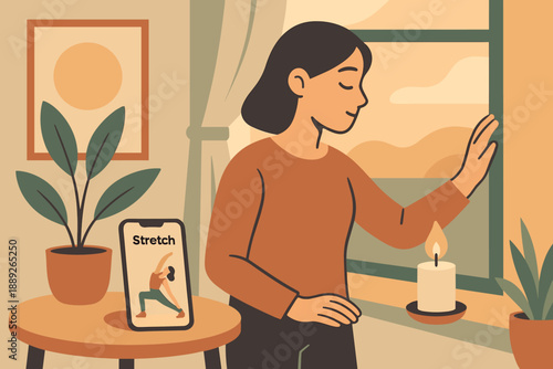 Person stretches by a window while following a phone workout in a cozy indoor space during the day