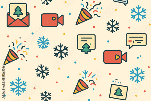 Colorful holiday decoration with trees, gifts, and party elements on a light background for celebration design