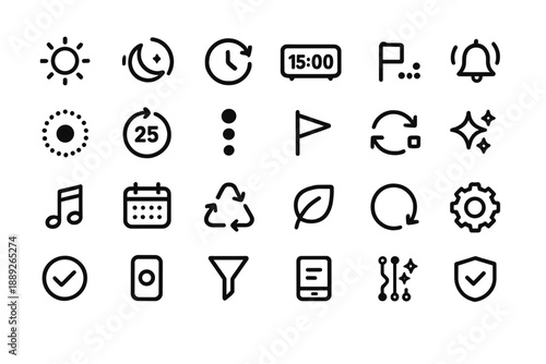 Collection of simple icons representing time, nature, notifications, and organization for daily tasks and activities