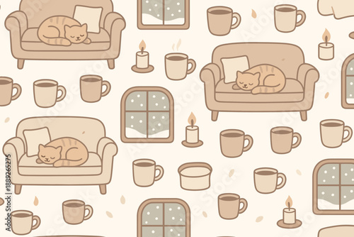 Cozy indoor scene with cats, cups, candles, and windows showing a snowy landscape on a winter day