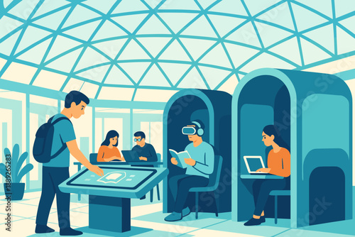 People engage with technology at a modern interactive display in a dome-shaped building during the day