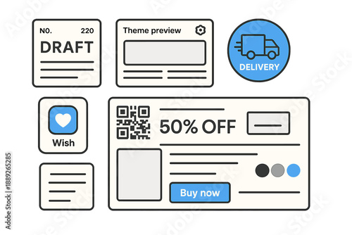 Digital marketing elements showing discount offer and delivery options with call to action buttons for online sales
