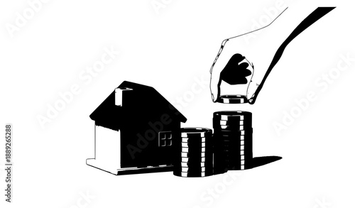 3D real estate investment illustration with house coins and saving hand