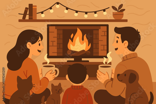 Family enjoys warm drinks together by the fire while watching TV on a cozy evening at home with pets