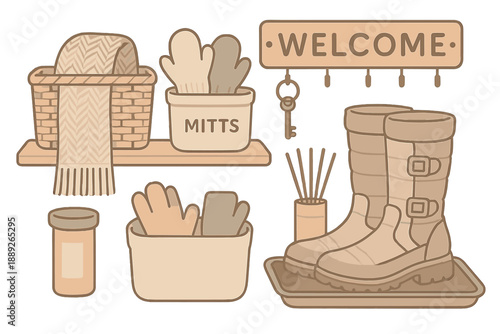 Welcome sign and winter gear for outdoor activities displayed in a cozy setting at home