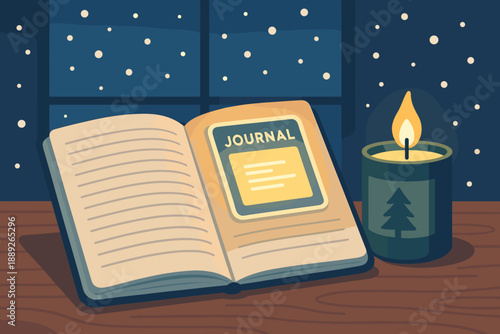 Journal placed on a wooden table with a lit candle beside it during a winter evening in a cozy room
