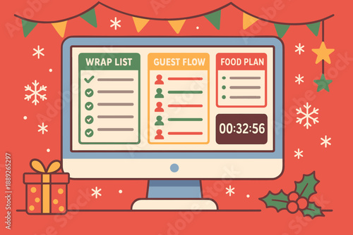 Planning for a holiday event with a computer showing a wrap list, guest flow, and food plan on a red background with decorations