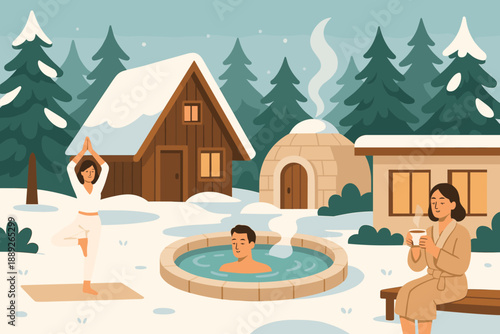 Group enjoys winter activities near cozy cabins in snowy landscape with a hot tub and yoga practice
