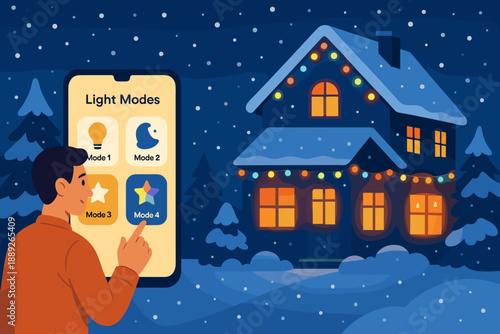 Smart device controls light modes on a snowy night in a festive neighborhood setting