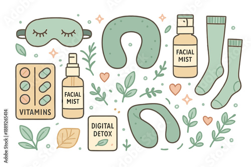 Wellness items for self-care routine with facial mist, vitamins, mask, and neck pillow among plants and leaves
