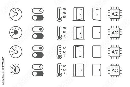 Illustrations of various controls and indicators used for monitoring and adjusting environmental settings in a simple layout