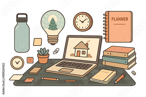 Work desk with laptop, planner, light bulb, plants, and stationery on a table at home during daytime