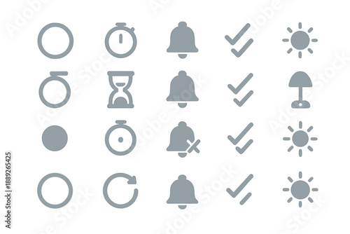 Different symbols for timers, notifications, and status indicators shown in a simple layout on a white background