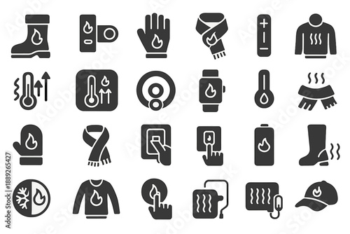 Icons represent heating and warming tools used for cold weather activities and environments