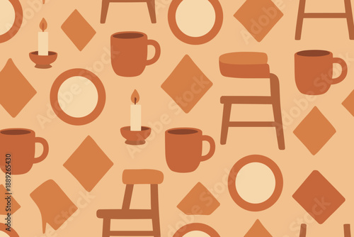 Patterns of cups, chairs, and candles on a simple background with various shapes and forms