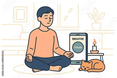 Person sits cross-legged on a rug while practicing mindfulness and meditation next to a cat and a phone showing breathing exercise
