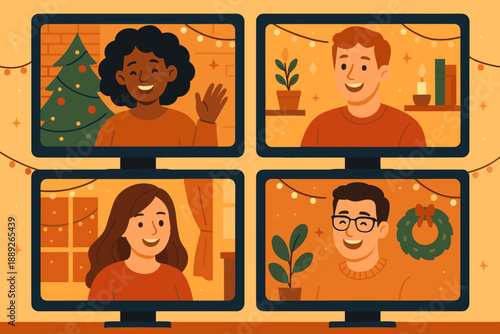 Four people connect online during a holiday video call in a cozy room with decorations and festive elements around them