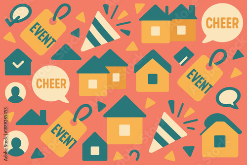 Colorful design featuring houses and event tags on a vibrant background with cheerful elements for decoration and celebration