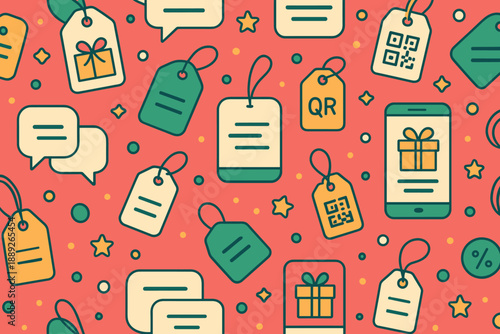 Bright pattern with gift tags, mobile phone, and speech bubbles on red background