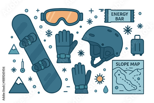 Snowboard gear essentials for winter sports activities in snowy mountains with gloves, goggles, and a slope map