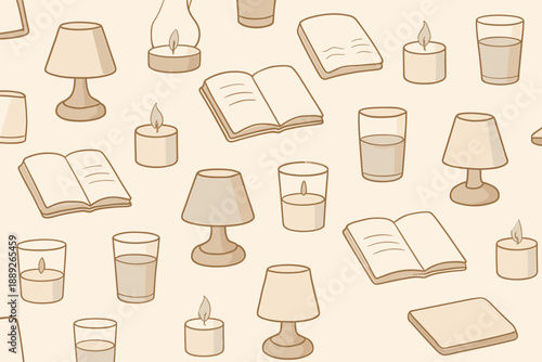 Patterns of books, lamps, and candles on a light background with different shapes and objects placed randomly and together