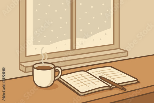 Warm coffee and open notebook sit on a wooden table by the window with falling snow in a quiet space during winter