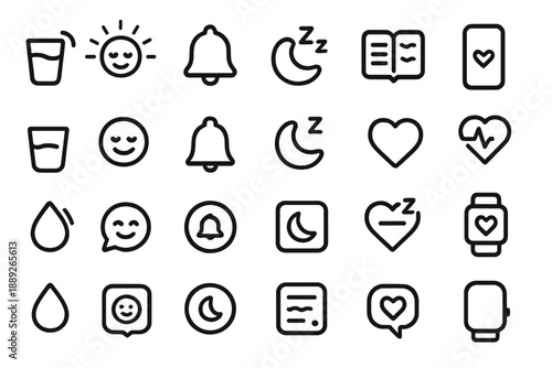 Symbols representing daily activities and emotions displayed in a grid format for health and wellness tracking