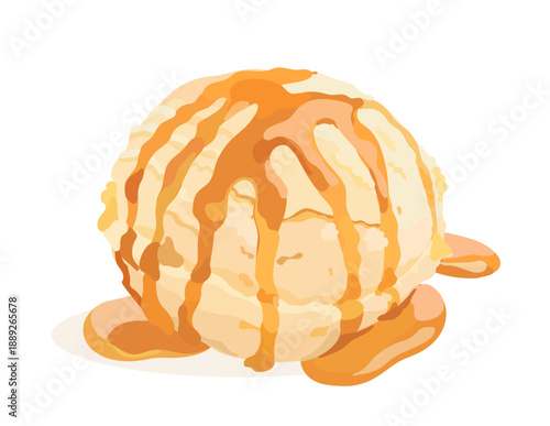 Caramel cartoon ice cream scoop topping caramel syrup. Vector hand drawn illustration isolated on white background. Tasty summer dessert food.