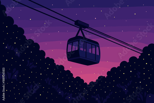 Cable car travels through trees at night under starry sky in a mountain area