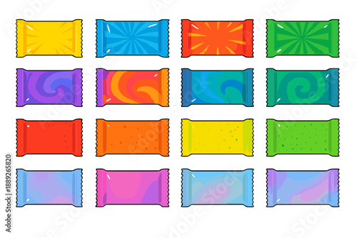 Colorful candy wrappers displayed in a grid pattern showing various designs and colors in a bright setting during daylight hours