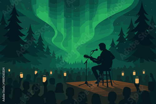 Musician plays guitar on stage for a large audience under the northern lights at night in a forest setting