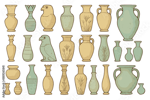 Various pottery designs and shapes on a white backdrop showcasing craftwork