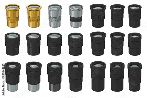 Different types of eyepieces arranged in rows for use with telescopes and microscopes in a workshop setting