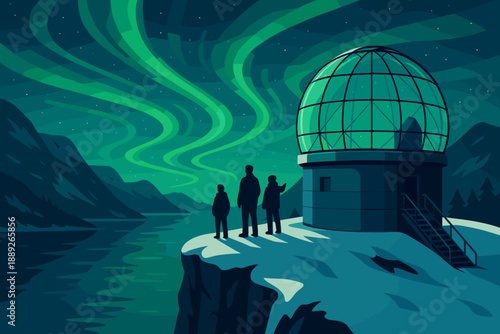 Visitors watch northern lights near observatory on a snowy cliff by the lake at night
