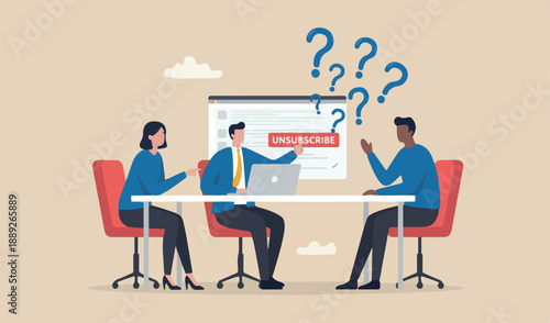 Unsubscribe email exit from mailing list, cancel subscription button, remove or leaving marketing email, rejection concept, businessman team meeting computer unsubscribe button.
