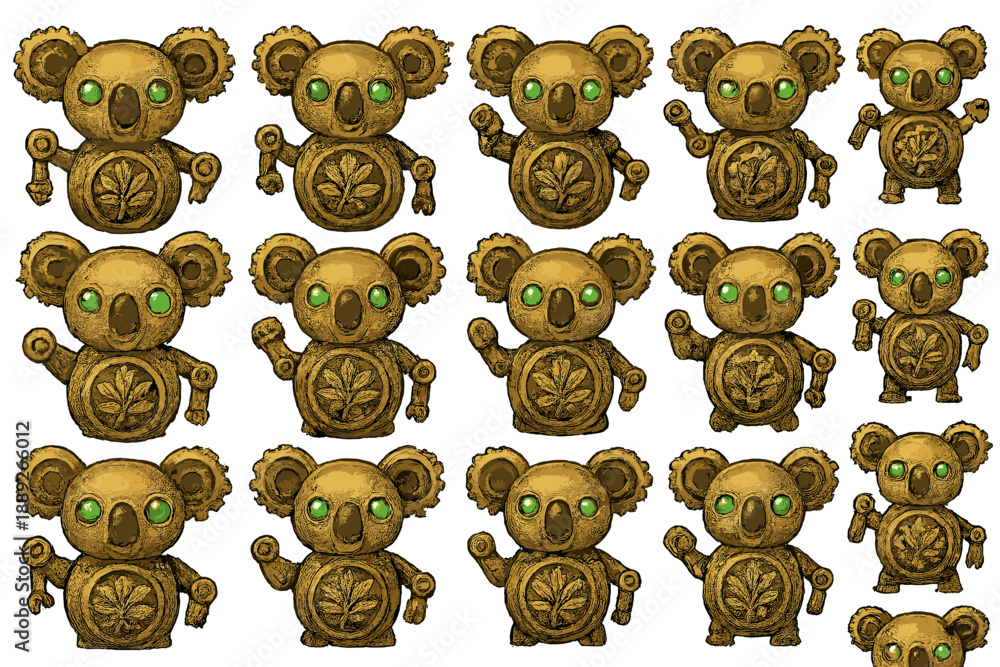 Fototapeta premium Collection of gold-colored koala figures with green eyes and leaf designs displayed in different poses