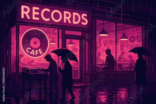 People visit a record cafe during rain while others listen to music inside in the evening