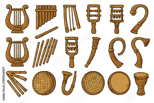 Collection of musical instruments displayed in a simple layout showing various shapes and sizes