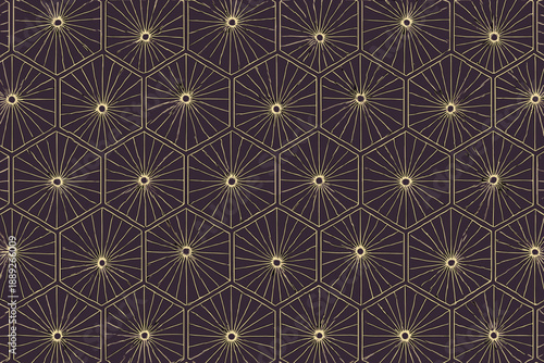 Pattern of hexagons with line designs and dots on a dark background showing a modern geometric style