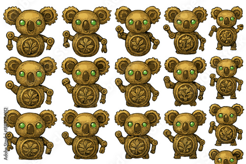 Collection of gold-colored koala figures with green eyes and leaf designs displayed in different poses