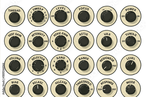Settings for sound equipment in a recording studio showing various knobs and dials in a neat arrangement
