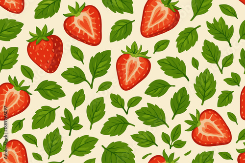 Bright color pattern of ripe strawberries and green leaves on a light background suitable for many uses in design and decoration