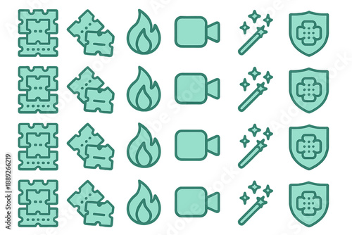 Different icons show fire, video camera, magic wand, and shield in a simple pattern on white background