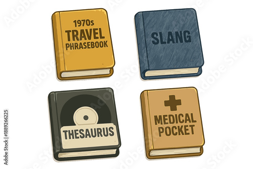 Books showing different topics such as travel, slang, thesaurus, and medical terms on a plain background