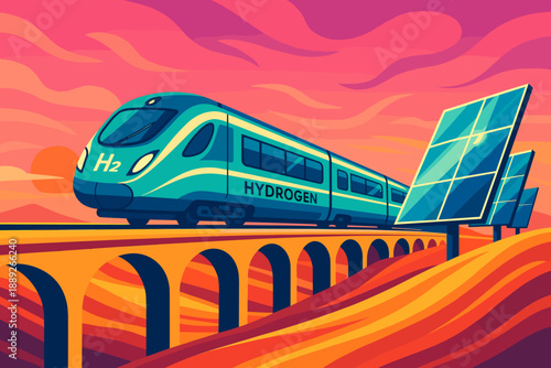 Hydrogen train travels over a bridge with solar panels in a colorful sunset setting