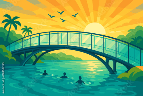 People swim in the water under a bridge during sunset with birds flying in the sky in a tropical location