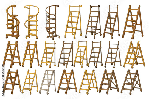 Different types of wooden ladders in various designs arranged in a grid on a plain background at a display area
