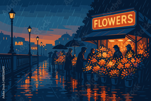 People buying flowers at a street market during rain in the evening with cafe and bar signs in the background
